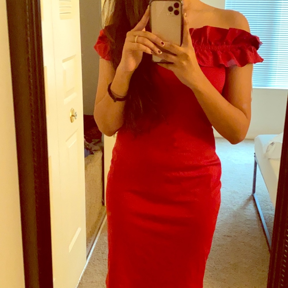 Red off shoulder dress